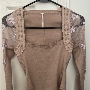 Free People Tan Lace-Trimmed Long Sleeve Top